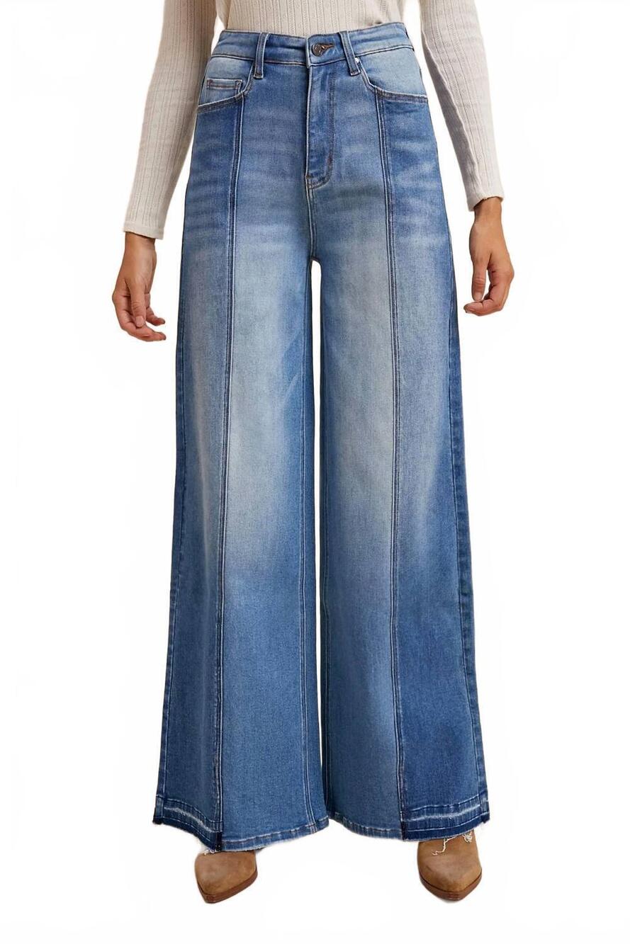 NEW ANNIEWEAR two-tone fray hem wide-leg stretch denim jeans in medium wash